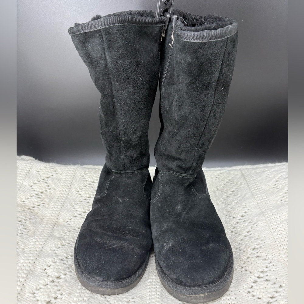 UGG Alber Mid-Calf Black Suede Boots Women’s Size 7 Fur Lined Side Zip - Picture 2 of 11